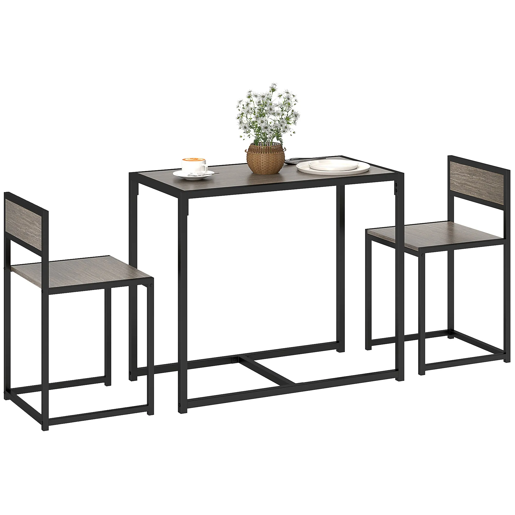 Dining Table and Chairs Set 2, Rectangular Space Saving Table and 2 Chairs with Steel Frame, Grey Wood-Effect, for Compact Kitchens Dining Room Sets