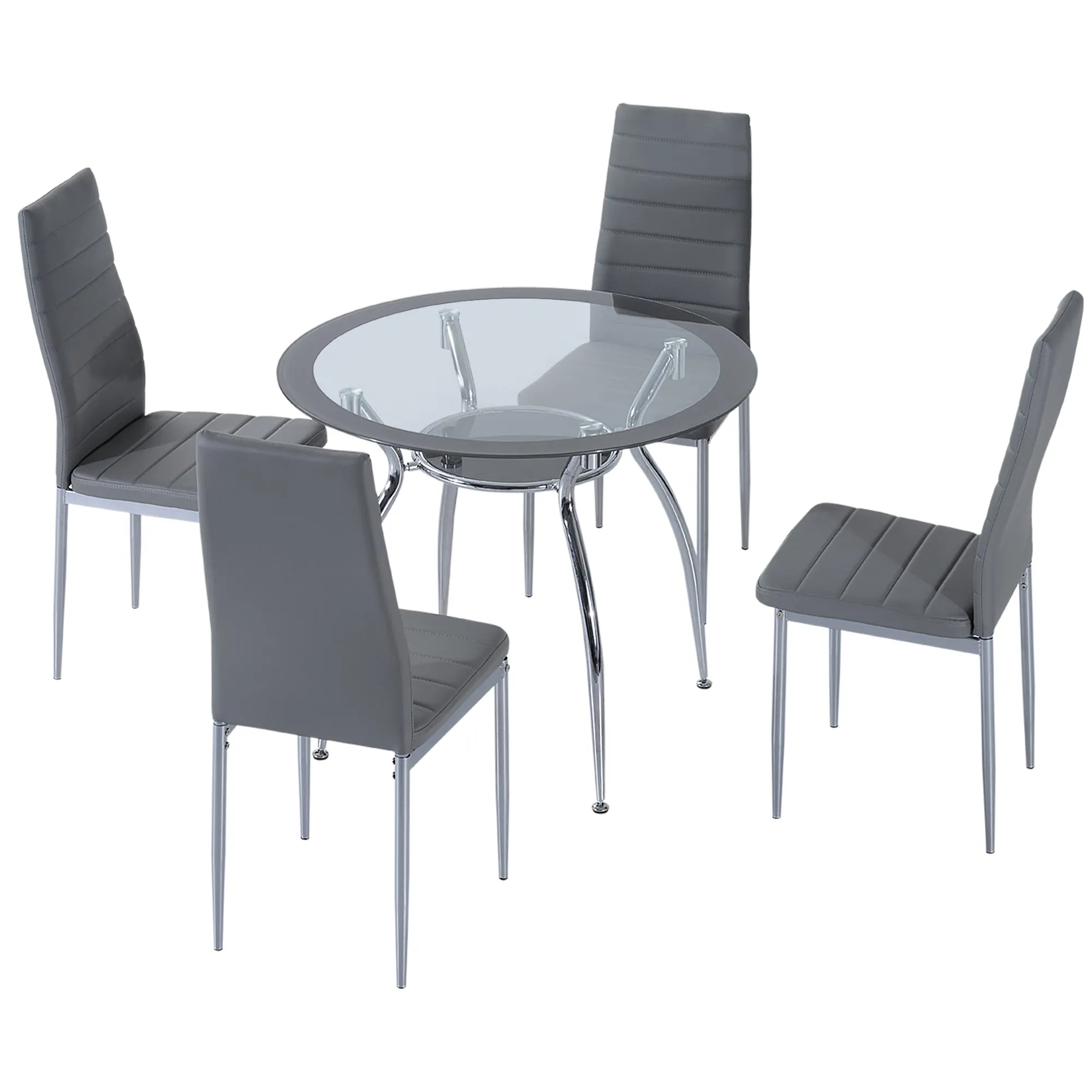 Five-Piece Dining Set with Padded Chairs and Glass-Top Table, Grey