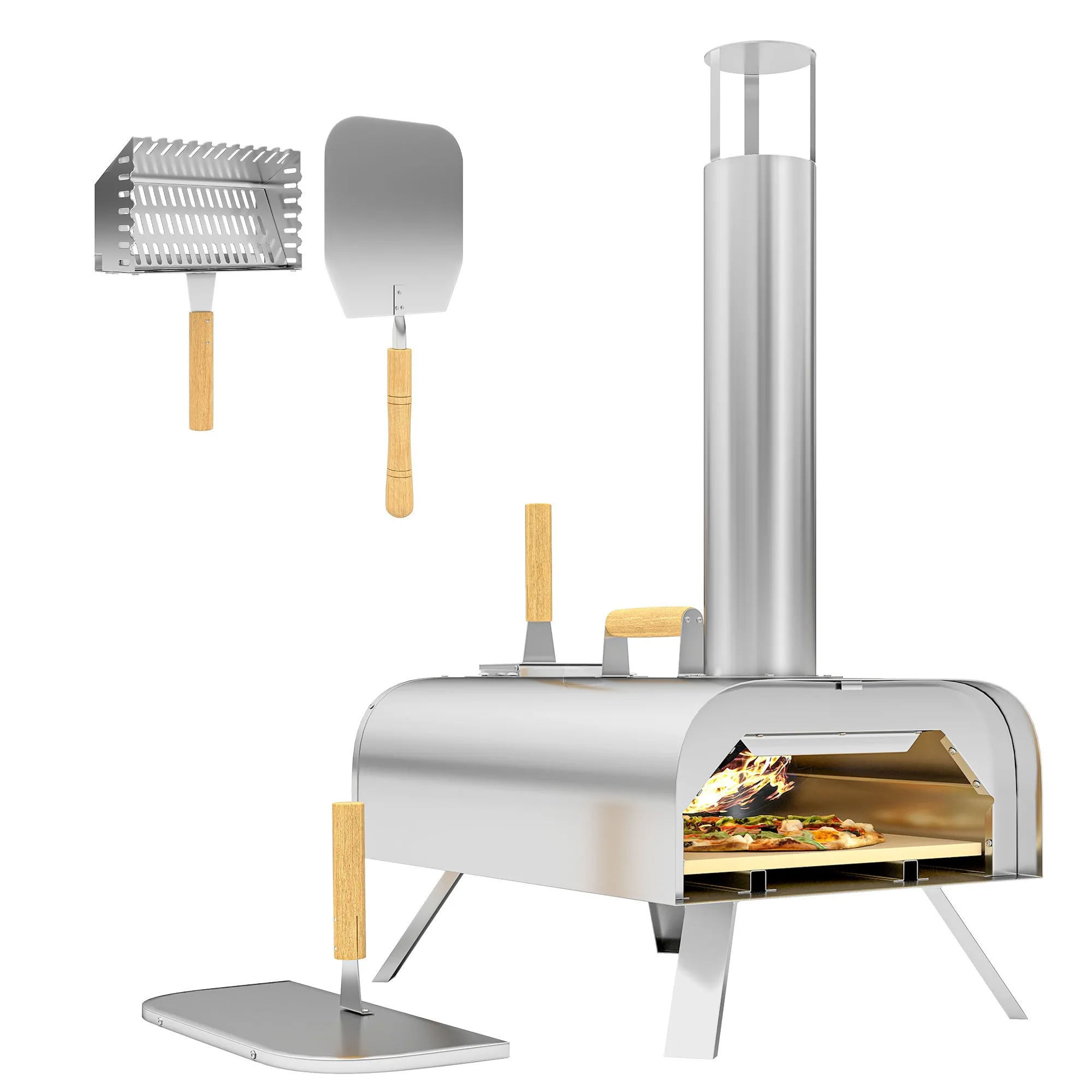 Portable Outdoor Pizza Oven Stainless Steel Wood Pellet Pizza Oven with Pizza Stone and Peel, Foldable Legs, Chimney, 12 Inch Wood Fired Pizza Maker for Outdoor Cooking