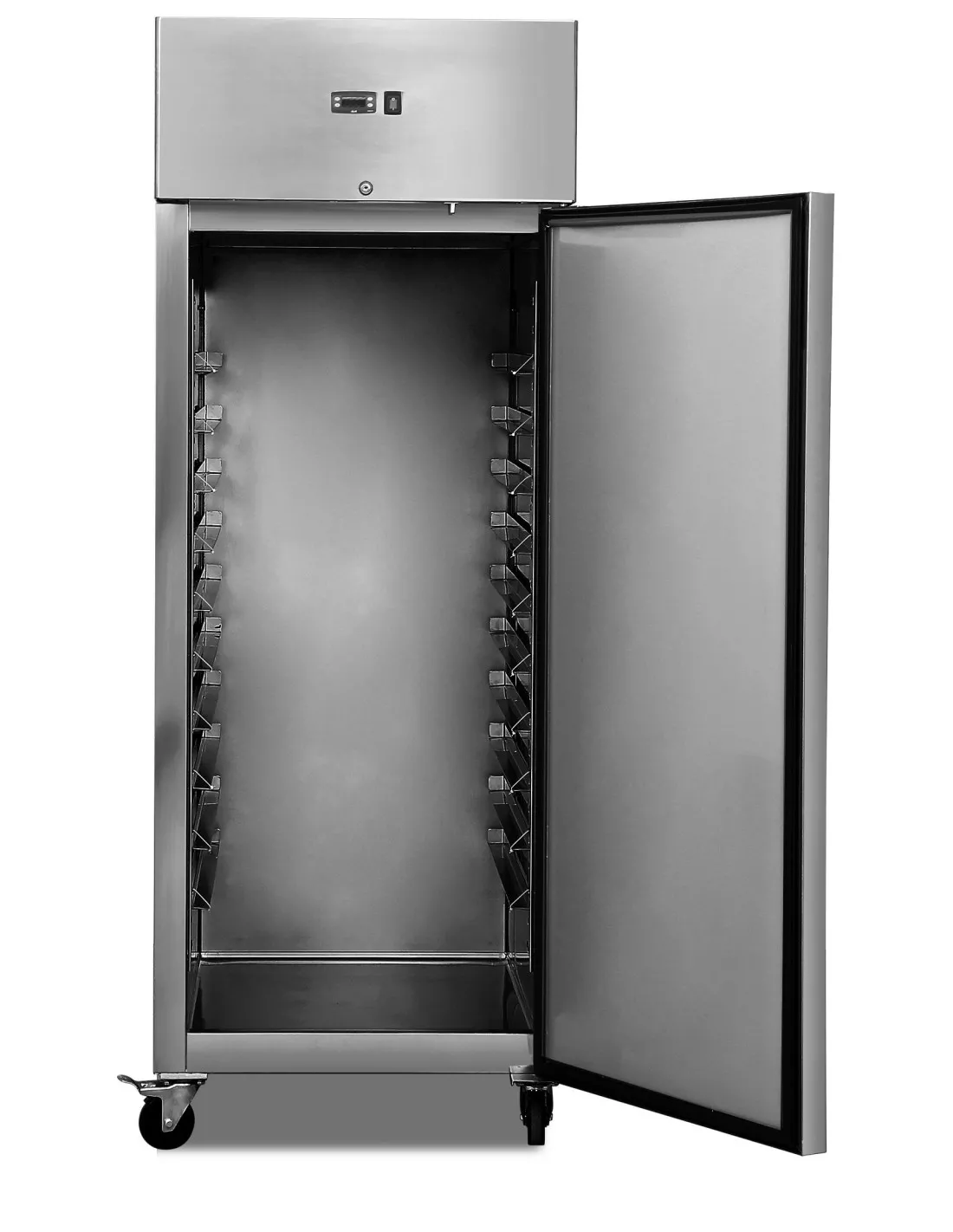 ARMOIRE PATISSIERE INOX 1 PORTE -2/+10°C FROID VENTILE. ROULETTES D.100 MM Tension : 230V Mono - Puissance (en kW) : 0.3 L (en