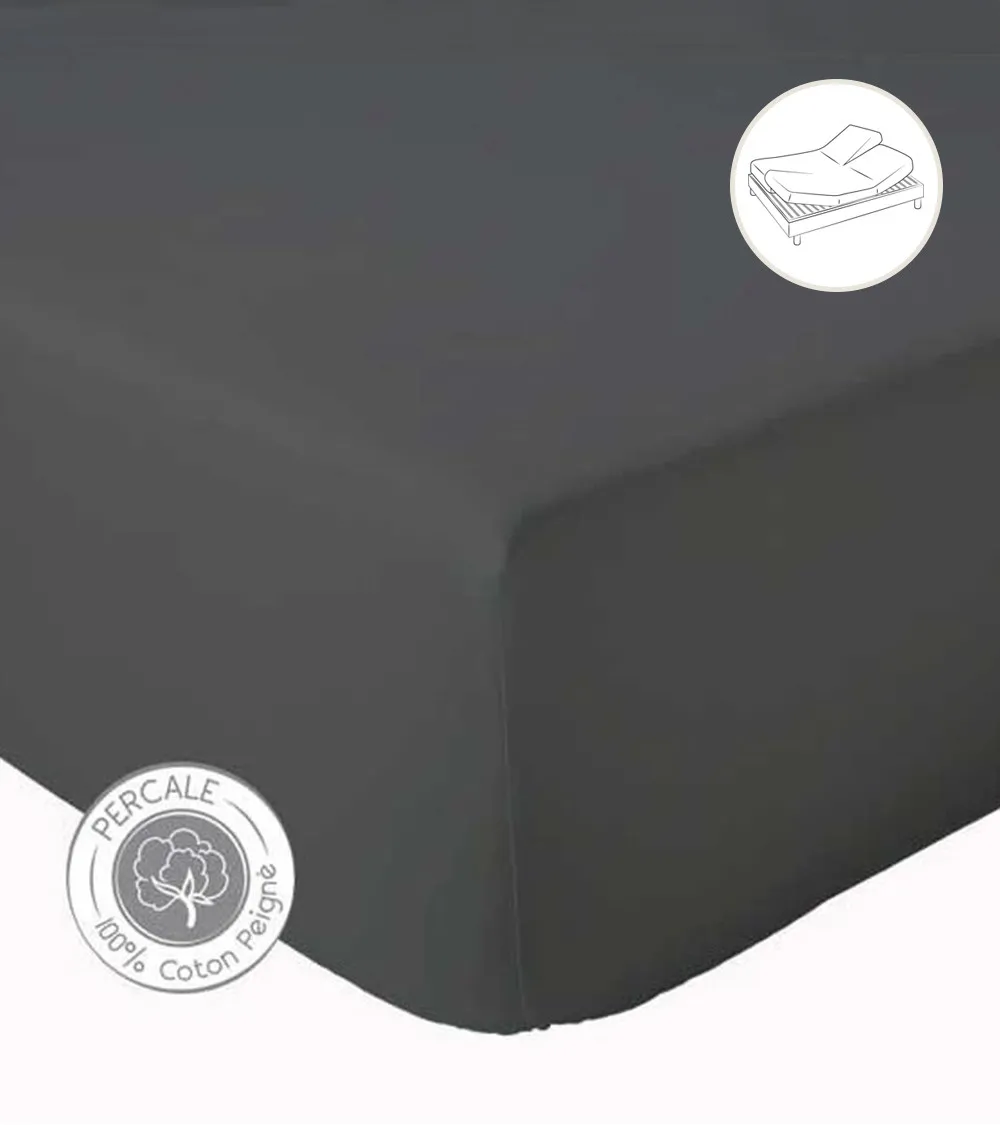 Drap housse uni percale de coton ANTHRACITE tête et pieds relevables