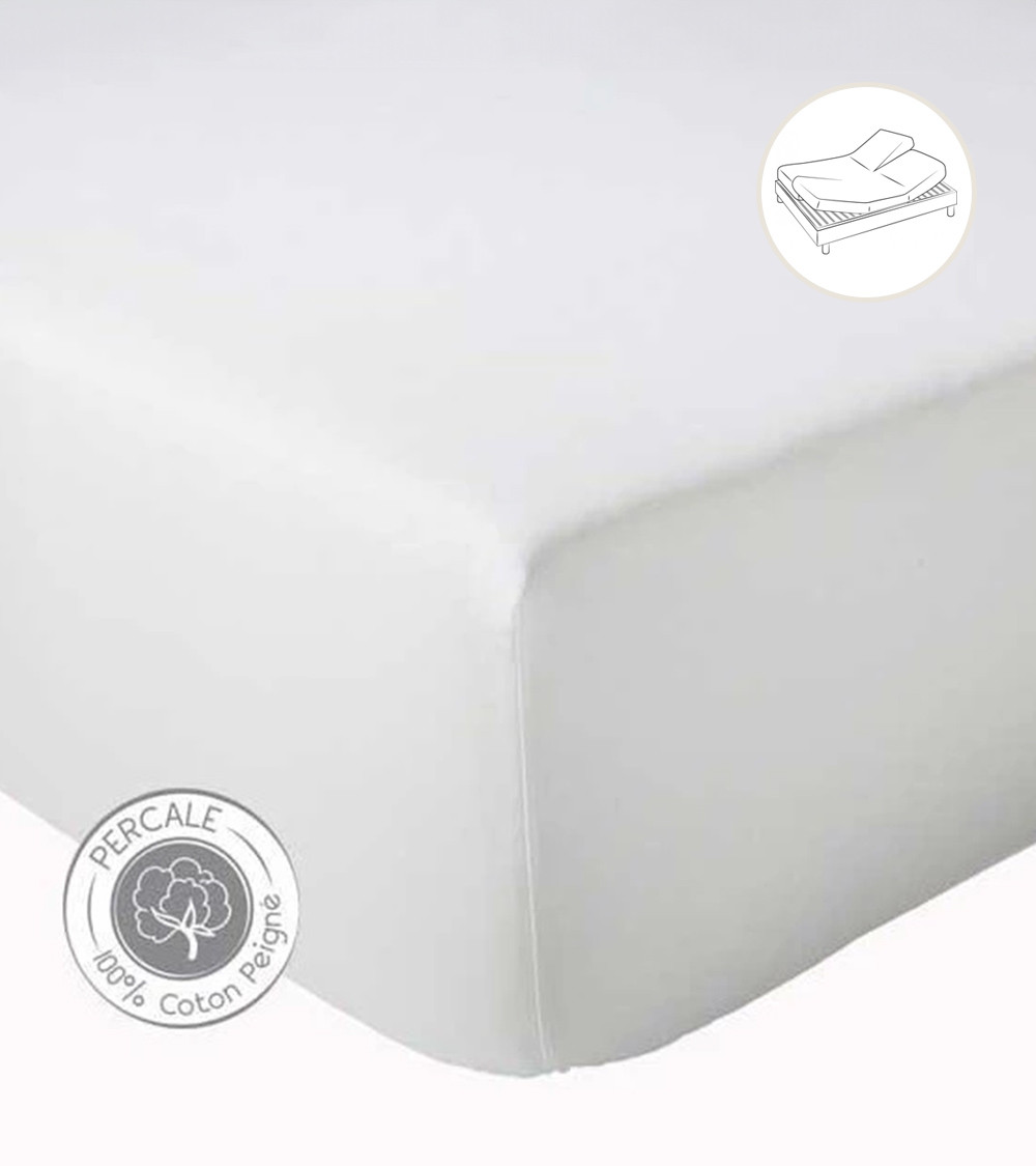 Drap housse uni percale BLANC tête et pieds relevables