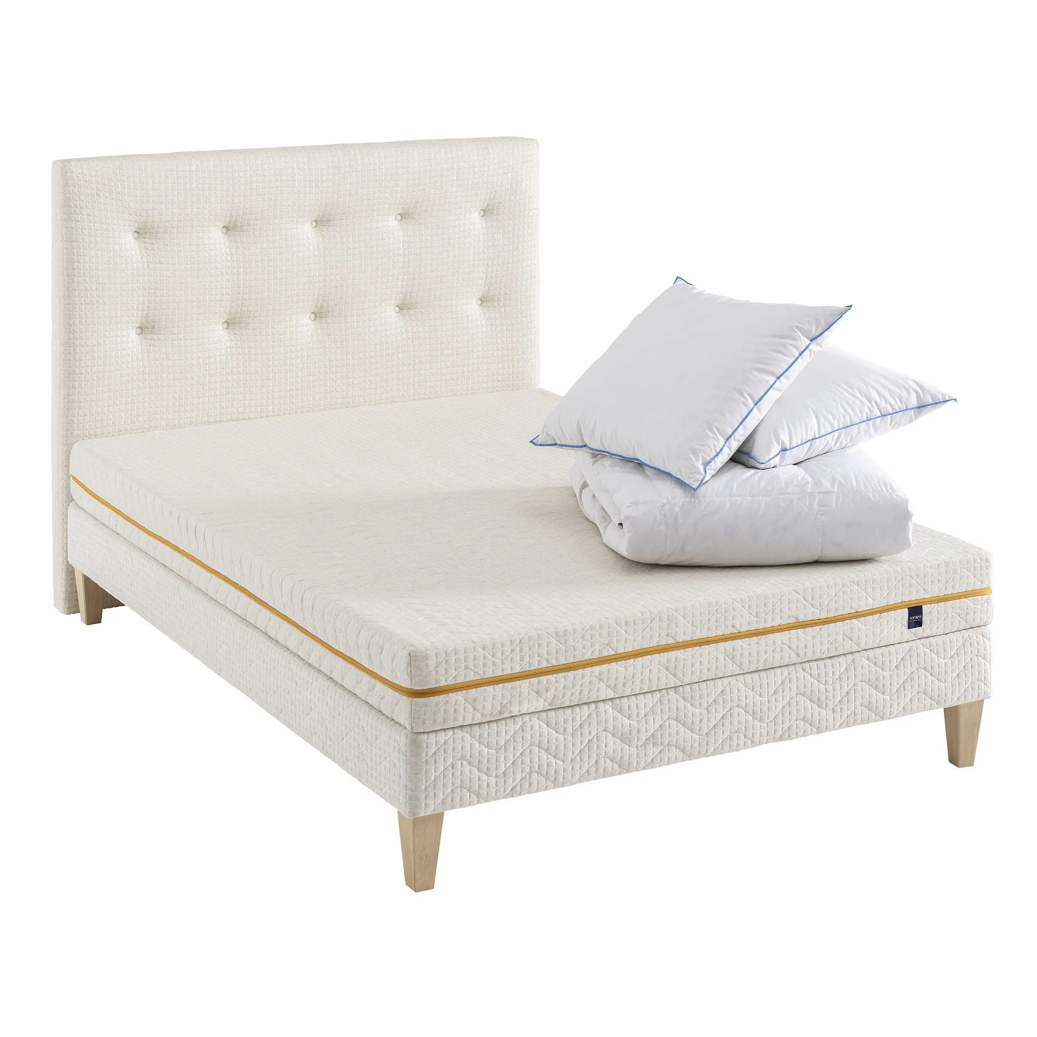 Ensemble matelas mousse recyclée, sommier, pieds, tête de lit, couette et oreiller Aube 400 - SOMEO