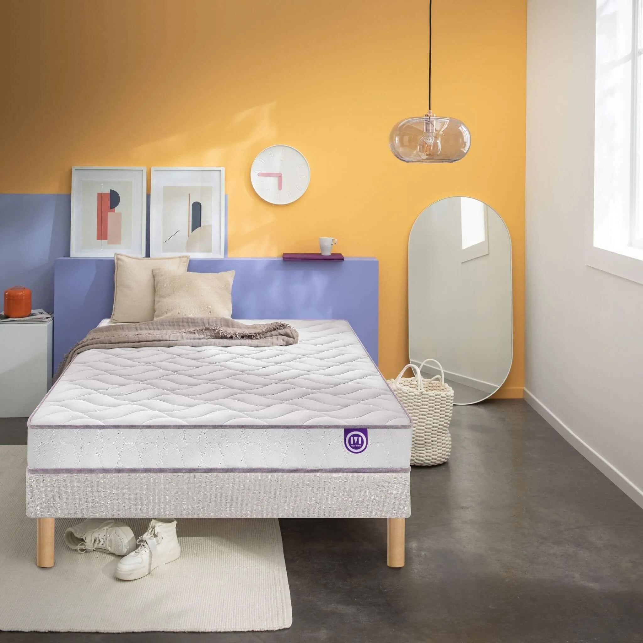 Ensemble Merinos matelas junior mousse Clear, sommier en kit déco et pieds