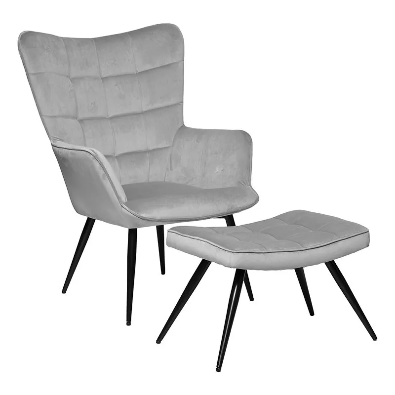 Fauteuil et tabouret velours Ermine gris Atmosphera