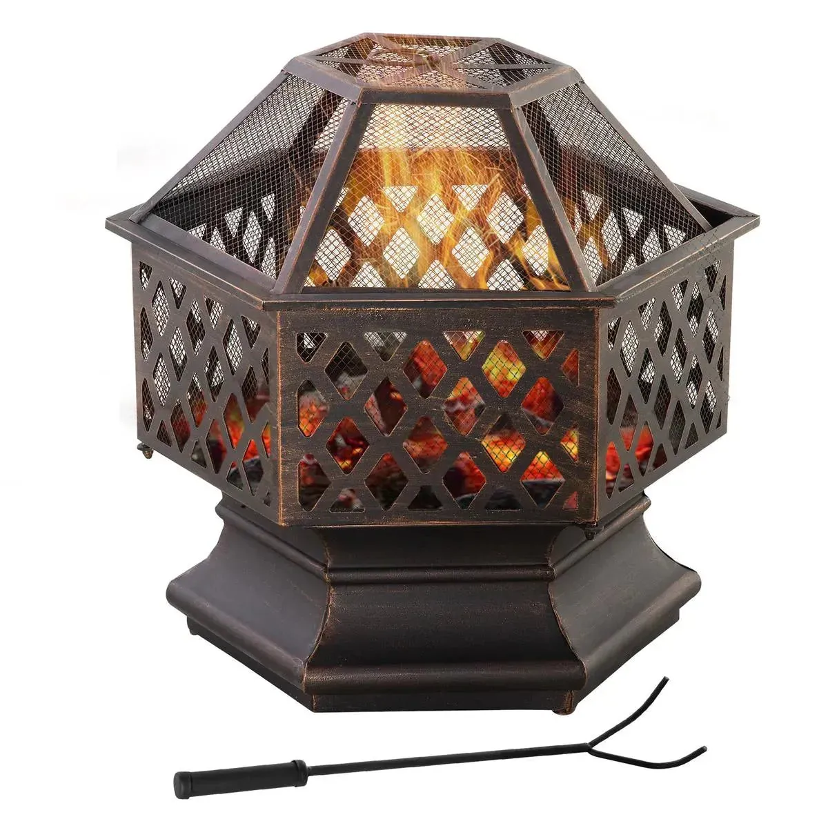 Fire Pit Wood Burning Firebowl, Portable, Bronze with Screen Cover and Poker for Patio Backyard