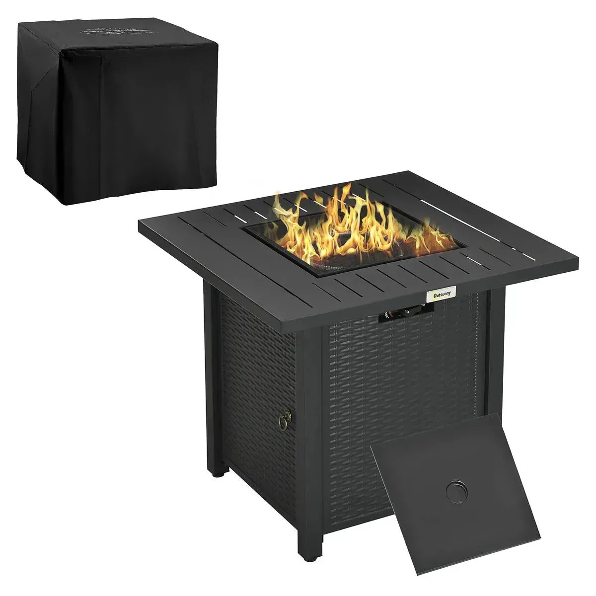 Gas Fire Pit Table Rattan-style Square, 40,000 BTU, Black, Propane Smokeless with Thermocouple, Lava Rocks, Waterproof Cover, Spark Guard and Lid for Patio