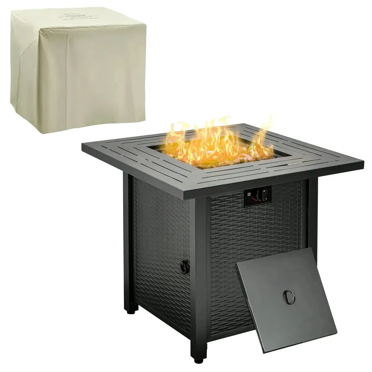Gas Fire Pit Table Square Propane, 40,000 BTU, 71×71×62cm, Black, Rattan Smokeless with Protective Cover, Lava Rocks and Lid for Patio
