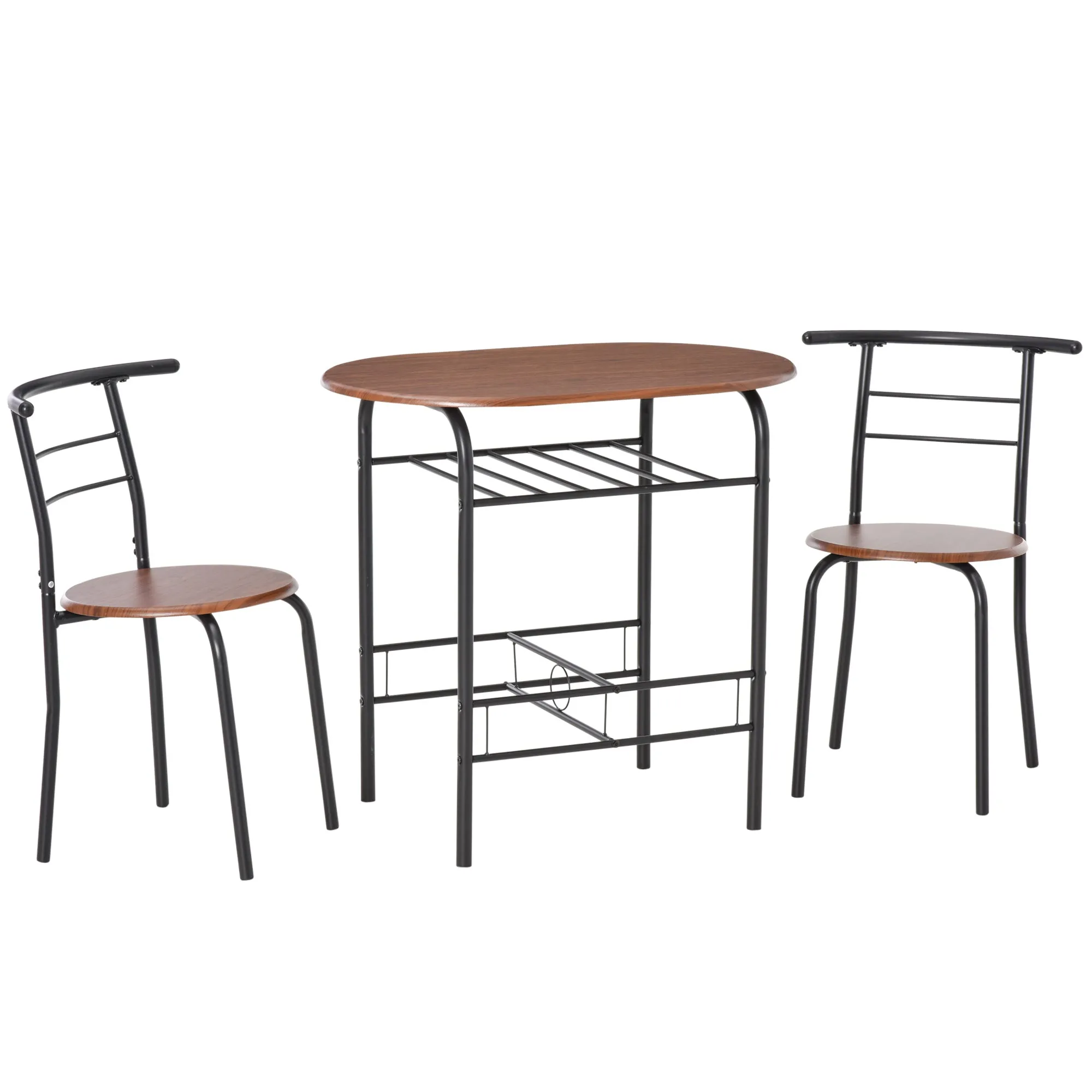 3-Piece Dining Table Set Metal Frame Wood Top Breakfast Bar Table Set for 2, Dining Table w/Storage Shelf & 2 chairs
