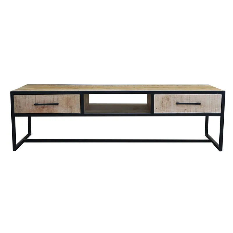 Meuble TV 2 tiroirs 1 niche bois de manguier et métal