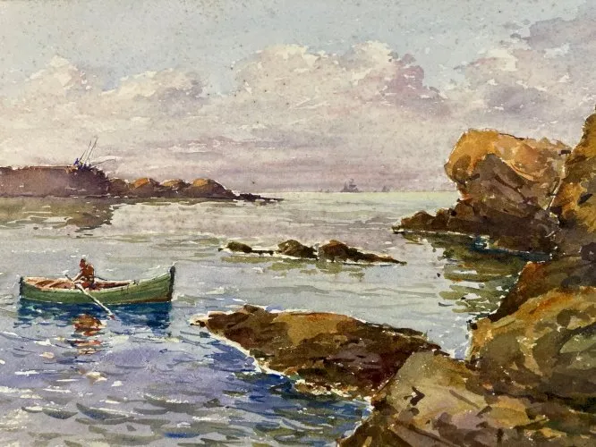 Peinture Aquarelle Papier XXe marine basque biarritz peche louis germain