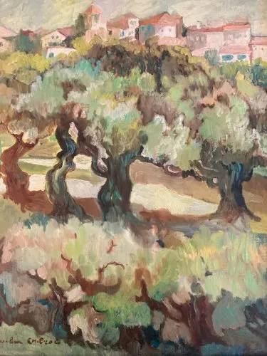 Peinture Huile Sur Toile Micheline CHIBRAC Arbre Provence Olivier Paysage 1960