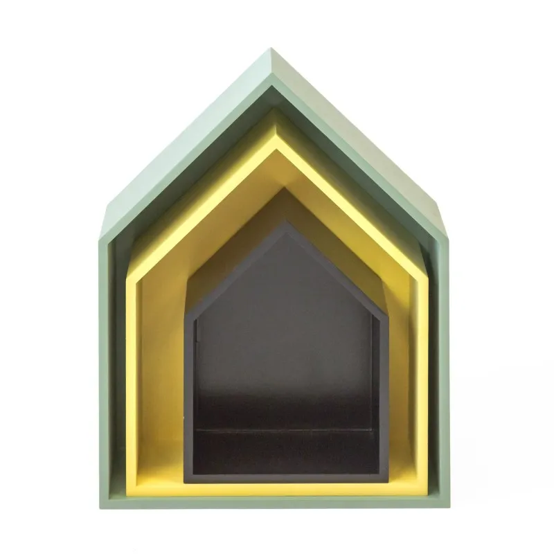 Set de 3 étagères de maison vertes, jaunes et noires