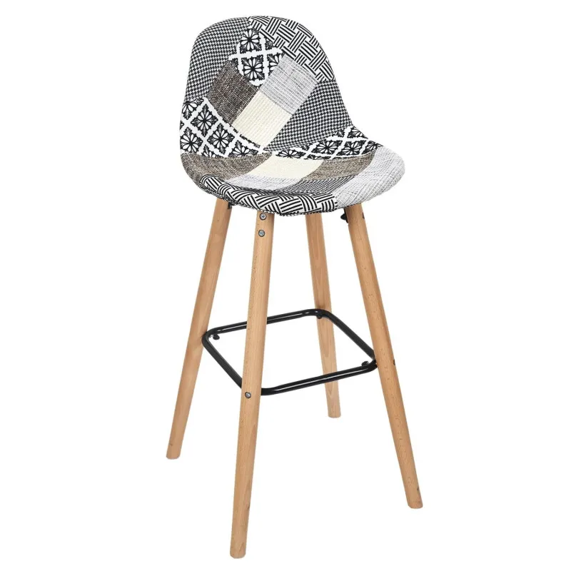 Tabouret de bar patchwork gris pieds bois