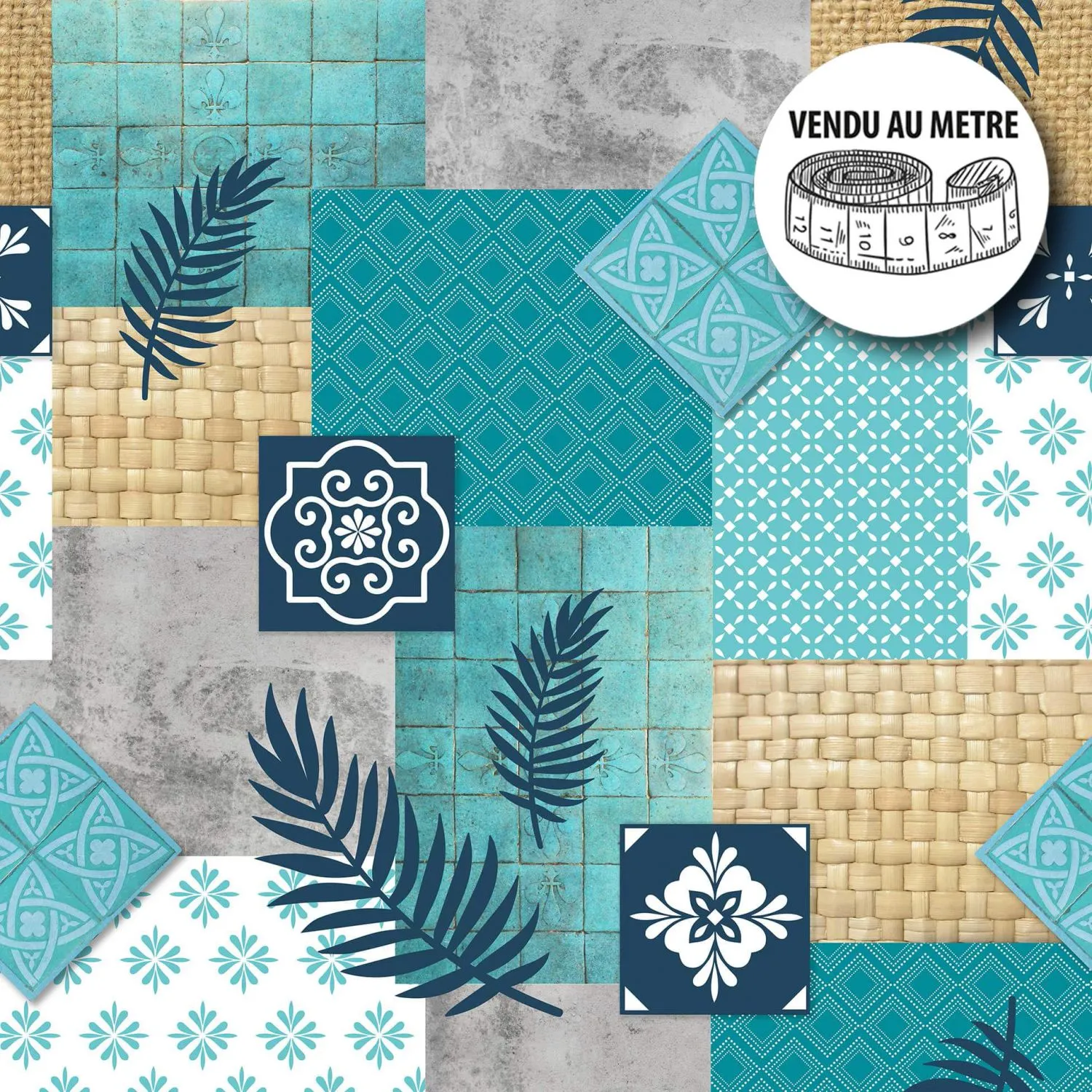 Toile cirée au mètre - Largeur 140 cm - Motifs graphiques et feuillages bleus