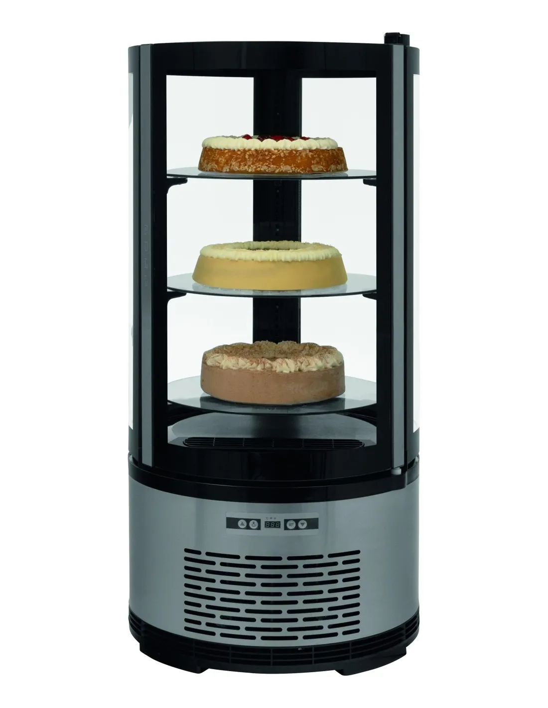 VITRINE REFRIGEREE TYPE GOURMET. 100L. +2°C/+8°C 3 ETAGERES RONDES. AVEC ECLAIRAGE LED 2 COTES GAS R600A Tension : 230V Mono - P