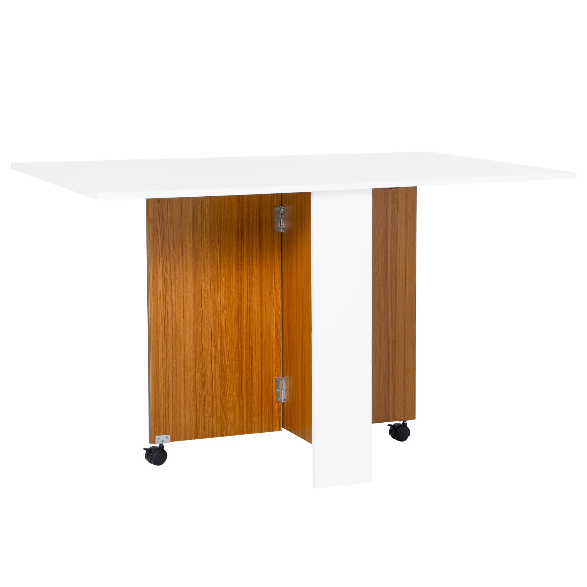 Folding Dining Table Writing Desk Workstation w/ Casters, Teak Colour, White